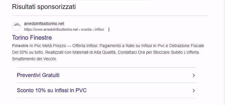 Evidenza annuncio sponsorizzato Arredo Infissi che utilizza il marchio Torino Finestre
